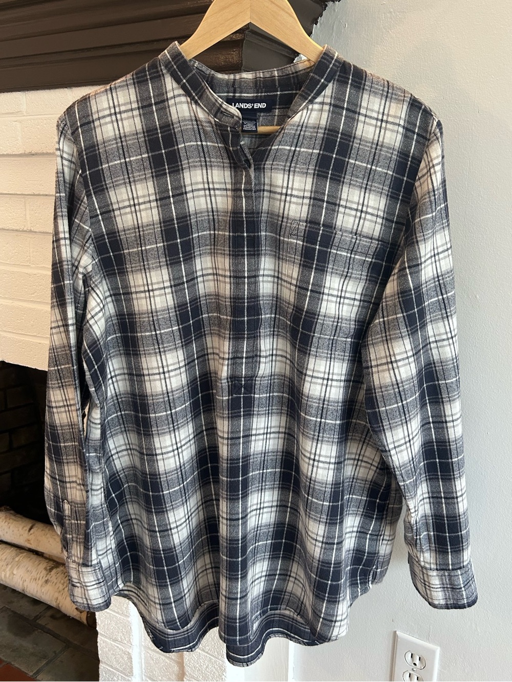 Lands' End Men's Navy and White Plaid Collarless Long Sleeve Shirt